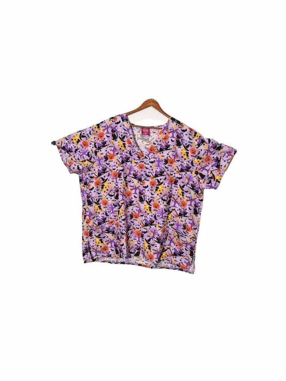 Divine Curves Halloween Scrub Top Size 3X Black Cat Pumpkin Print